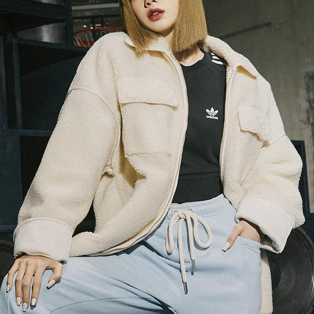 Adidas Originals Sherpa Solid Color Zip-Up Warm Faux Shearling Jacket Women jackets White HC6602