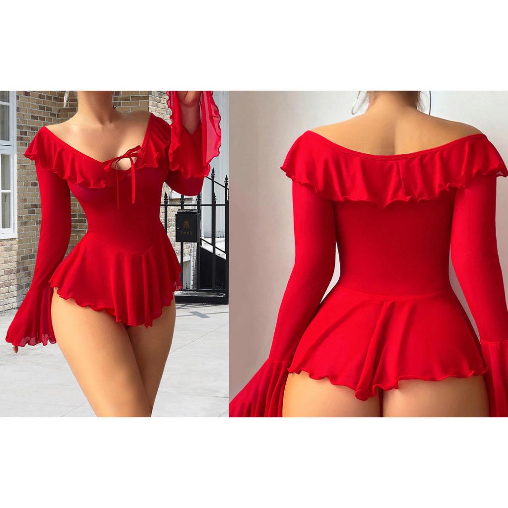Women Lingerie Chemise Nightdress Solid Color See-Through Ruffles Dress Nightgown Sleepwear Slips Nightie with Thong