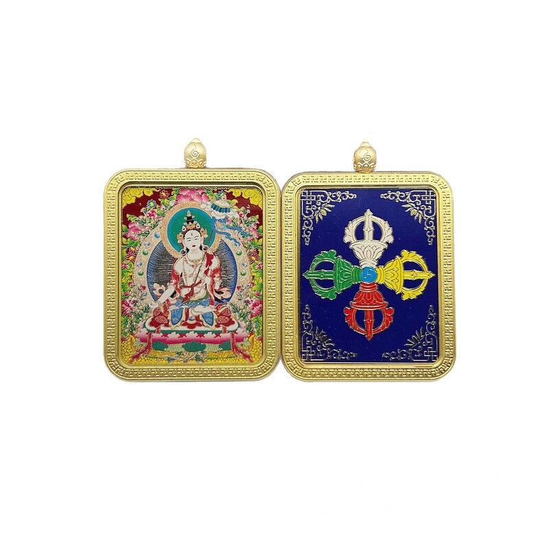 Yellow Jambhala & Green Tara Necklace - Buddha Talisman with Cloisonné Pendant