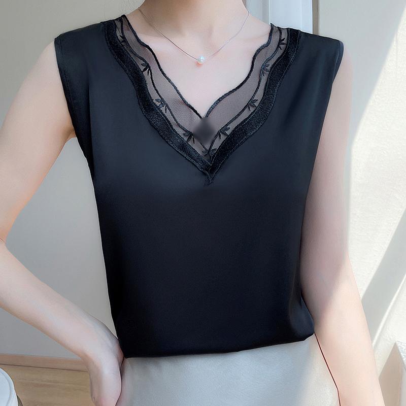 Women's Summer Mulberry Silk Blended Camisole Top 50% Silk Breathable Cool Top 50% Polyester Fiber Slim Bottoming Shirt