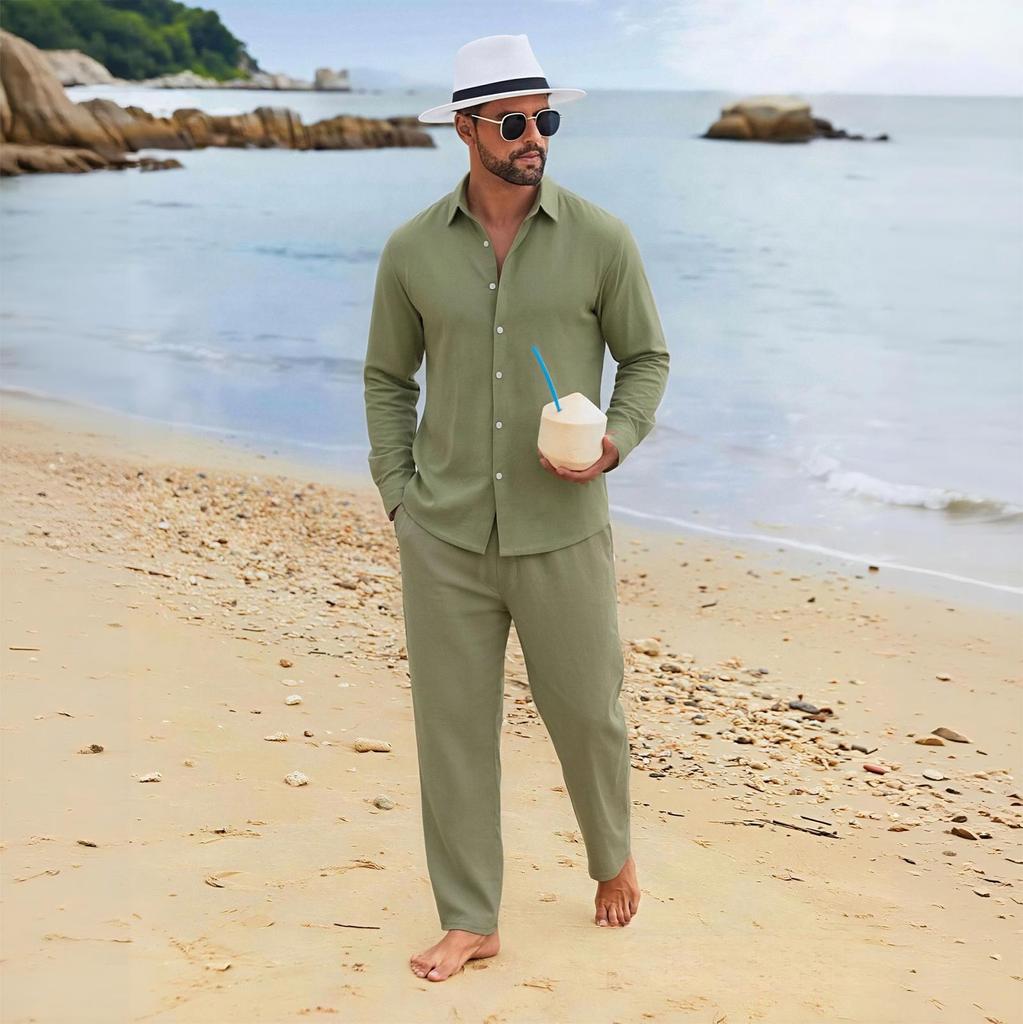 Men's Linen Relaxed Fit Long Sleeve Shirt and Pants Beach Set for Summer