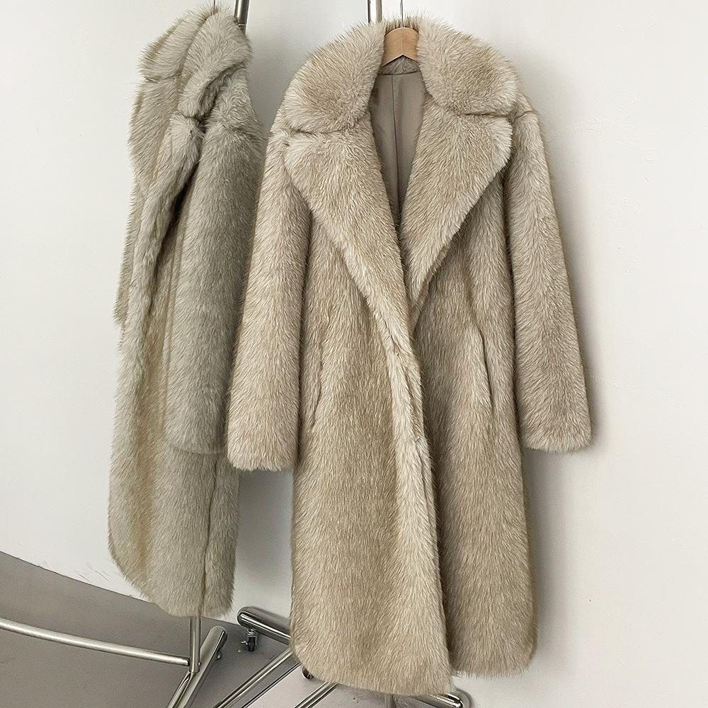 Winter Women Faux Fur Jacket Coat Solid Khaki Long Sleeve Thick Warm Overcoat Outwear Fluffy Coat for Women