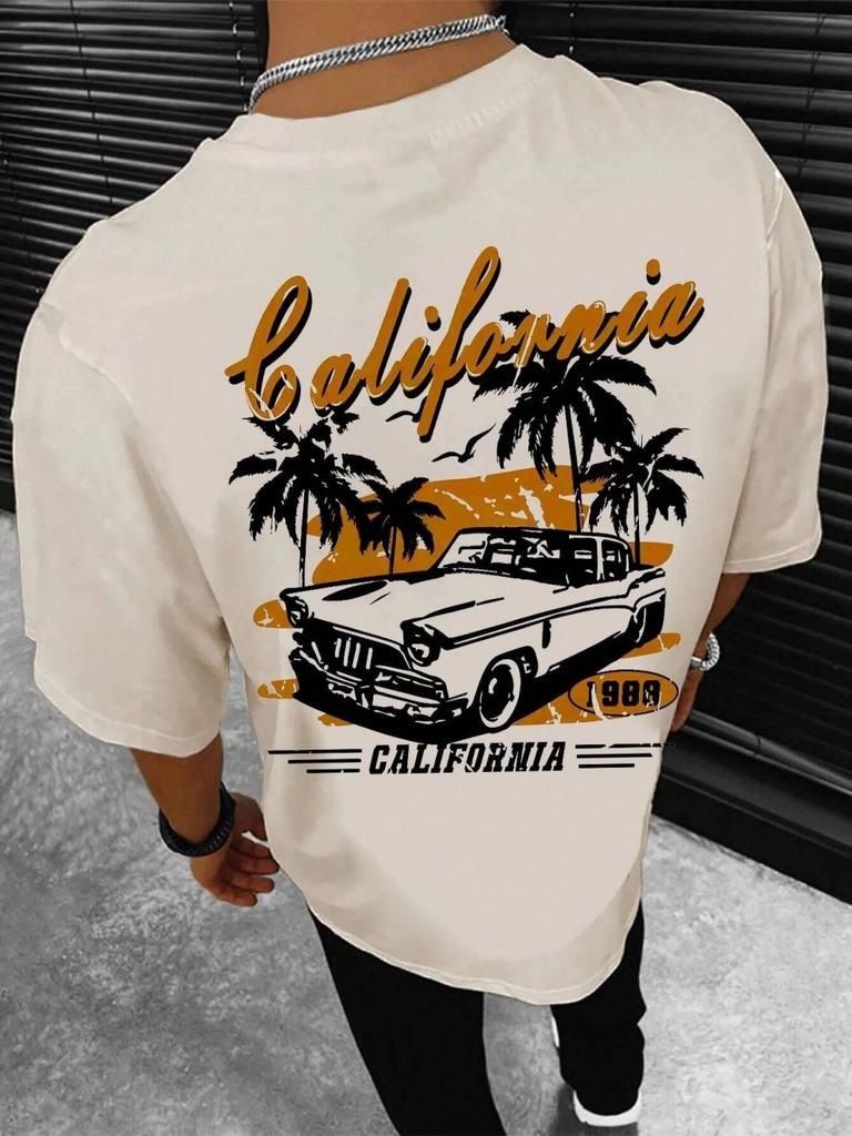 New Summer Mens Beach Coconut Tree Printed Breathable and Comfortable Round Neck Tshirt Outdoor Vacation Casual Top