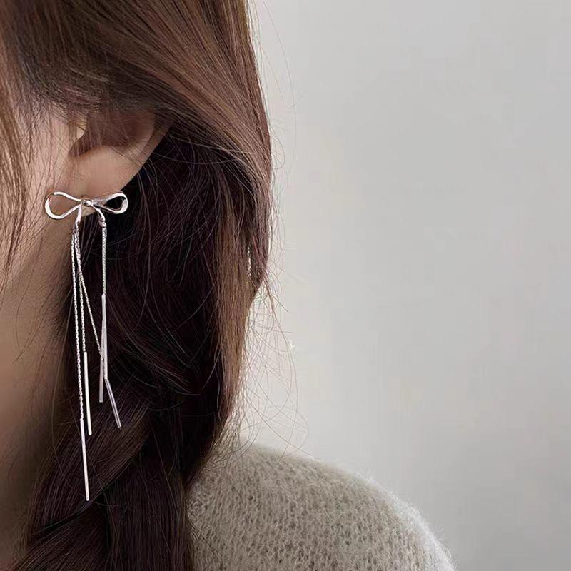 Bow temperament long fringed earrings women's autumn new trendy no ear piercings earrings