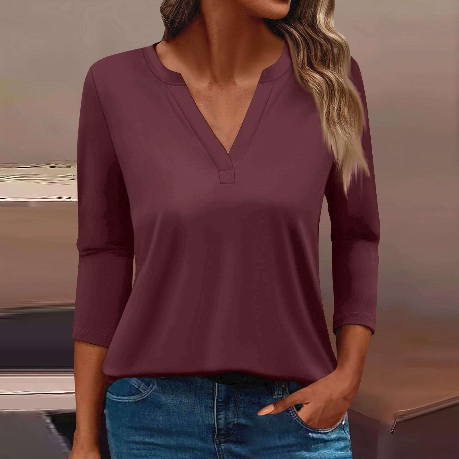 

Жен. Футболка Футболка Сплошной цвет Рукав 3/4 Повседневные Выходные Мода Классический V-образный вырез Обычный Топ L
