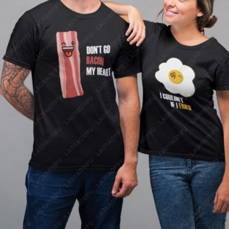 Funny Couple Unisex Adult Cotton TShirts His Hers Matching Shirt Boyfriend Girlfriend Fried Eggs with Bacon Casual Lovely Tee