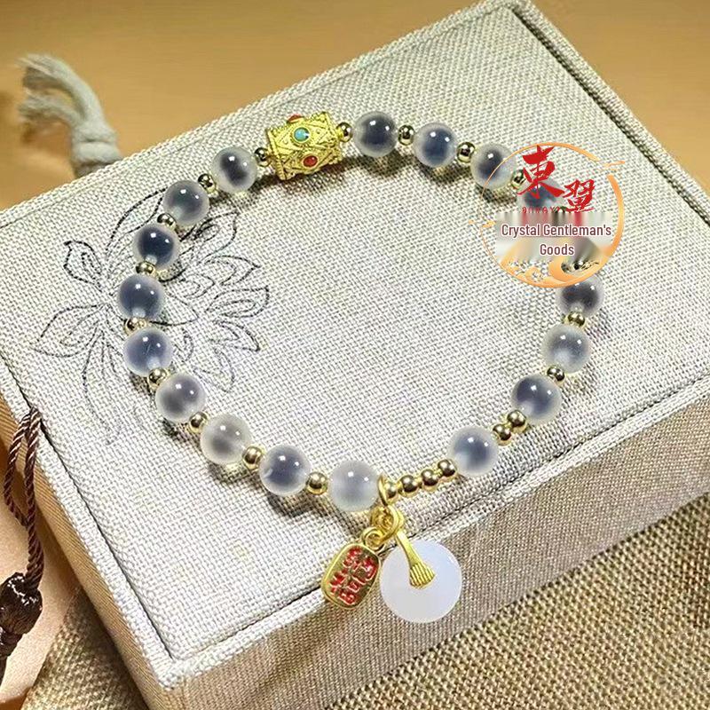 6mm White Agate Luck-Turning Bead Bracelet with Sugar Heart and Gold Foil, Ash Porcelain Glaze, Half-Sugar Panjiayuan Hand String