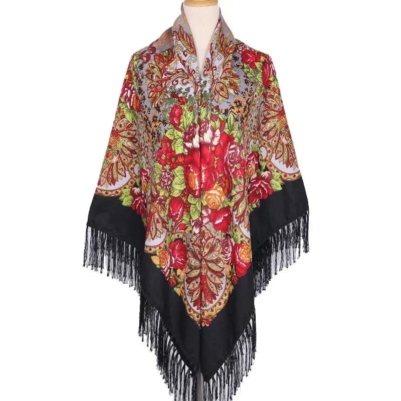 160*160Cm Ethnic Large Square Scarf For Woman Shawls Tassel Floral Print Headscarf Turban Wraps Russian Babushka Bandana Blanket