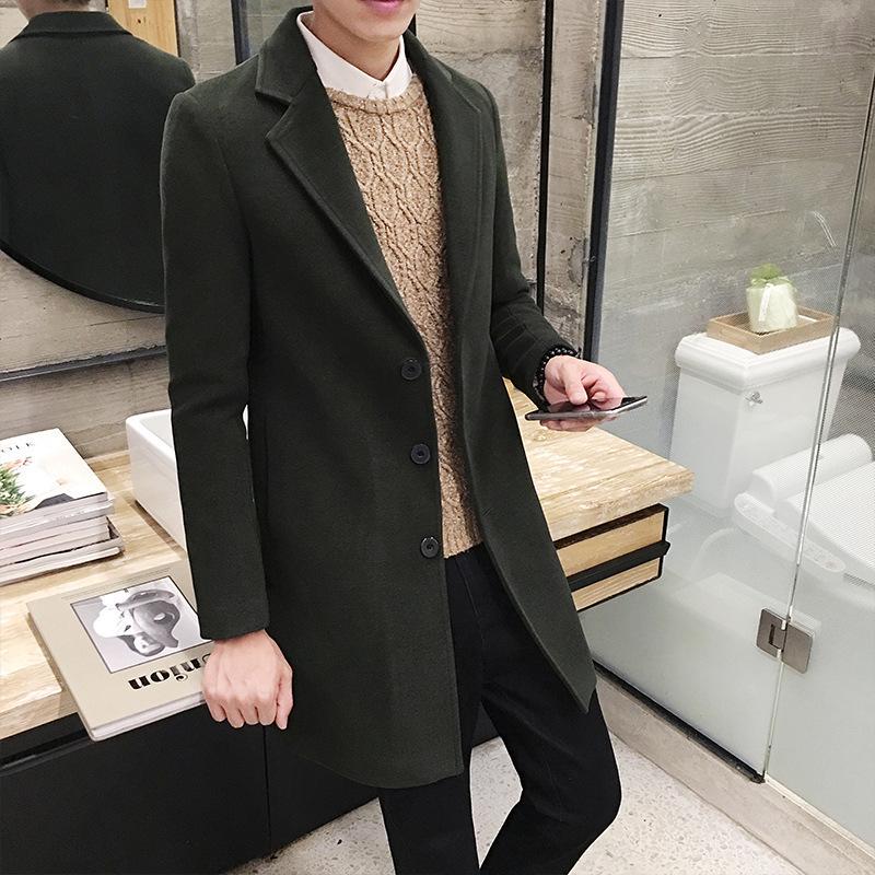 Men's Autumn Winter Wool Trench Coat, Korean Style Slim Fit, Mid-Length, Thickened for Warmth