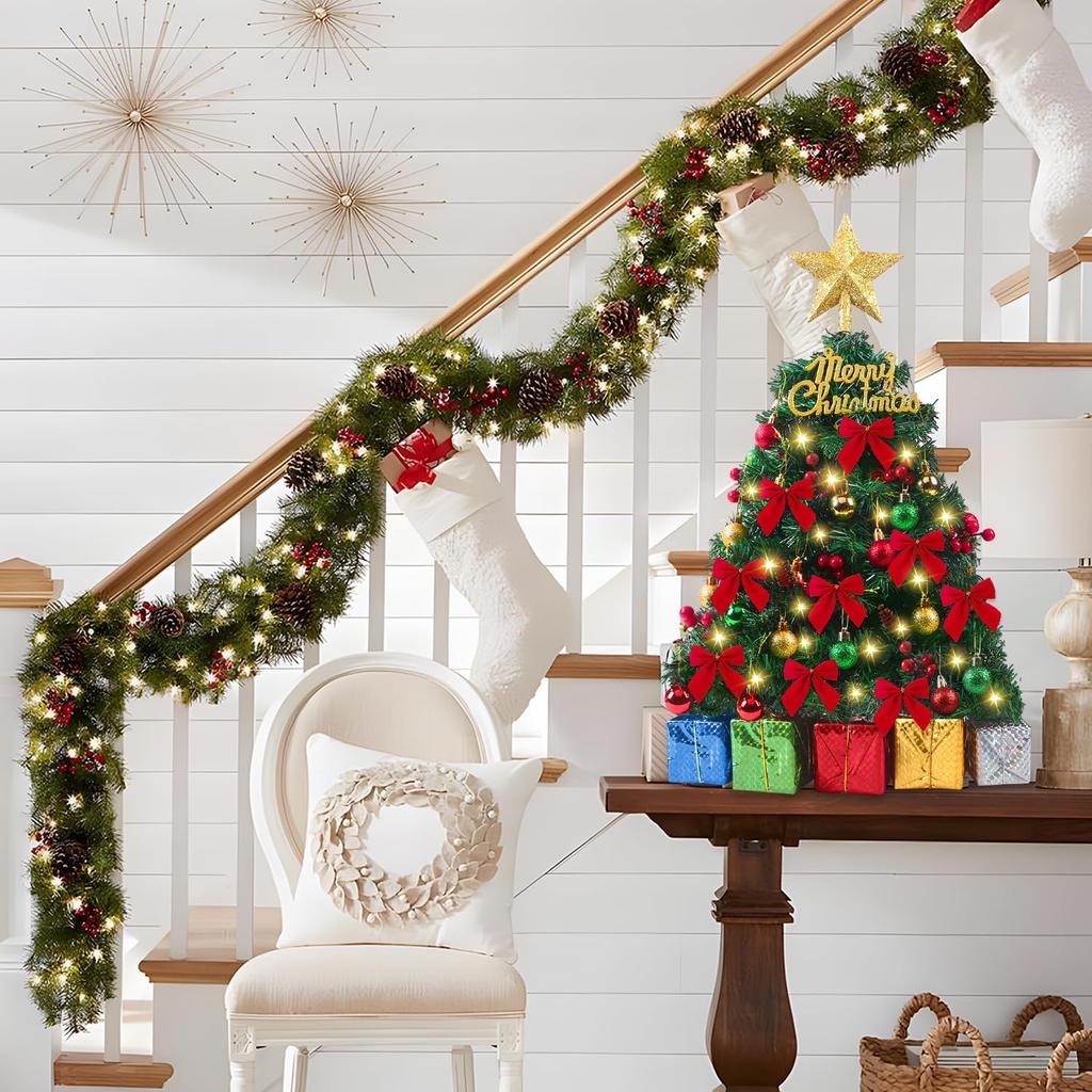 23 Inch Mini Christmas Tree with Lights, Decorated Bow, Ornaments & Star for DIY Indoor Holiday Decoration