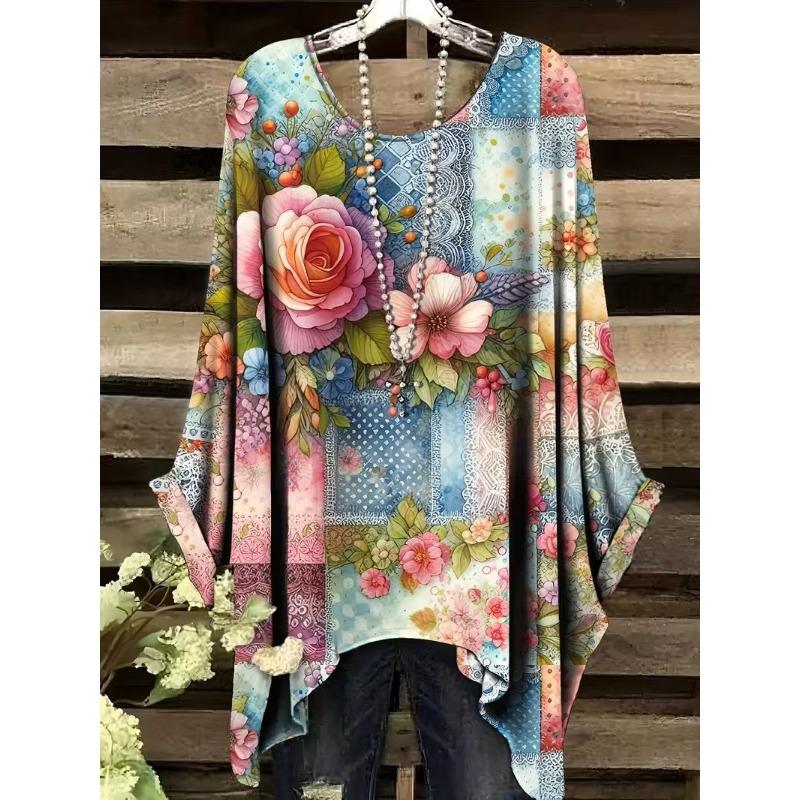 Lady's elegant floral print T-shirt, loose fit, round neck short sleeves, machine washable, casual and comfortable top