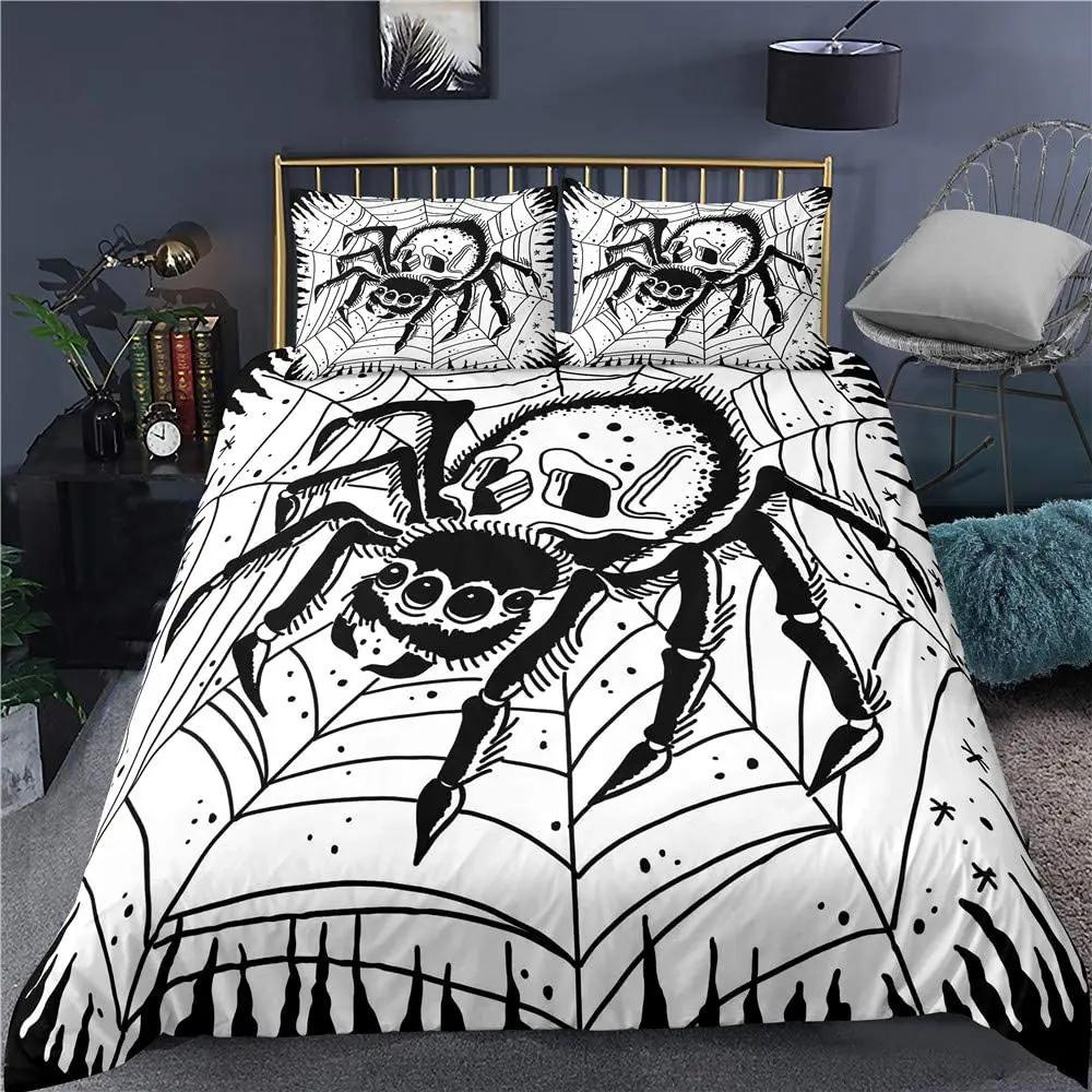 Skull Bedding Duvet Cover Set, White and Black Boho Gothic Skull Skeleton Bones Theme Bed Comforter Cover for Adults Decor