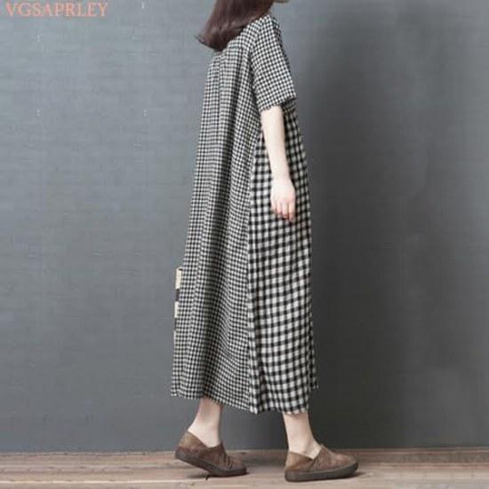 Ladies Summer Linen Loose Fit Body Covering Resort Dress Floral Pattern Cotton Short Sleeve Checkered Cute VG09