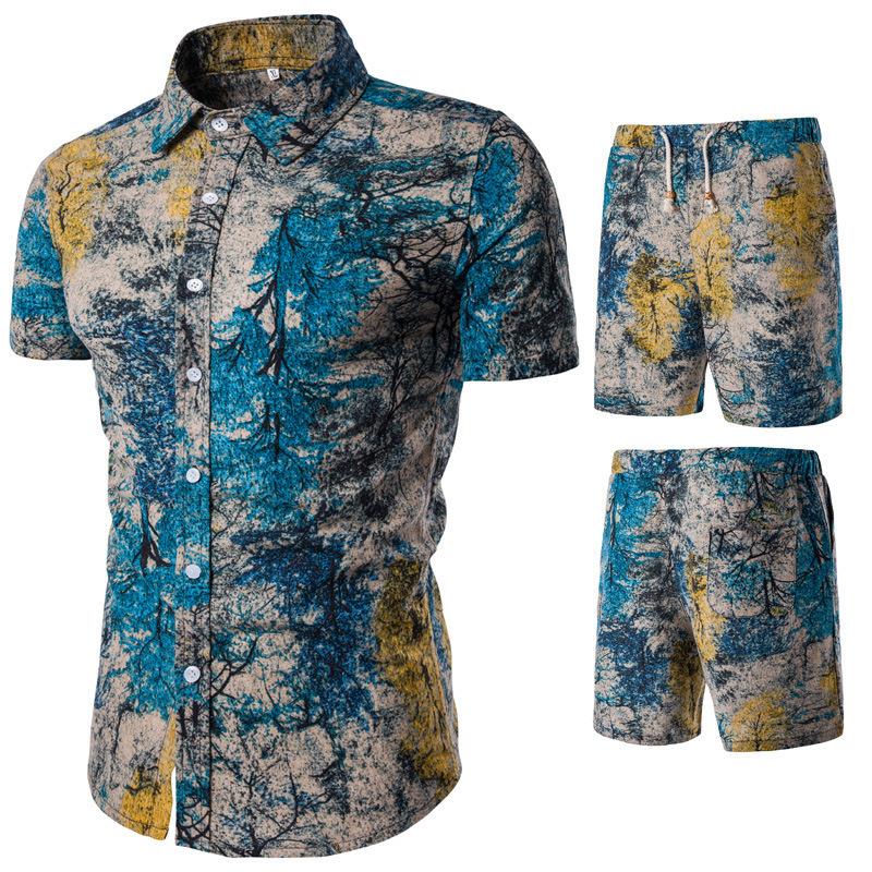 Men 2 Piece Sets Button Down Short Sleeve Hawaiian Shirt Suits Vacation Beach Casual Loose Short Sleeve Shorts Set