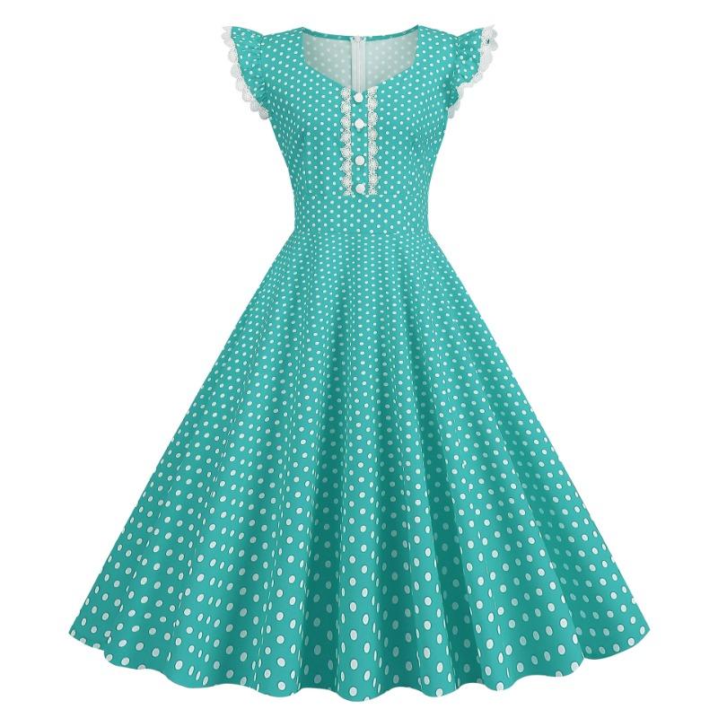 Vestido Feminino Retrô com Decote Quadrado, Manga de Renda, Estampa de Bolinhas, Saia Rodada, Cinco Cores