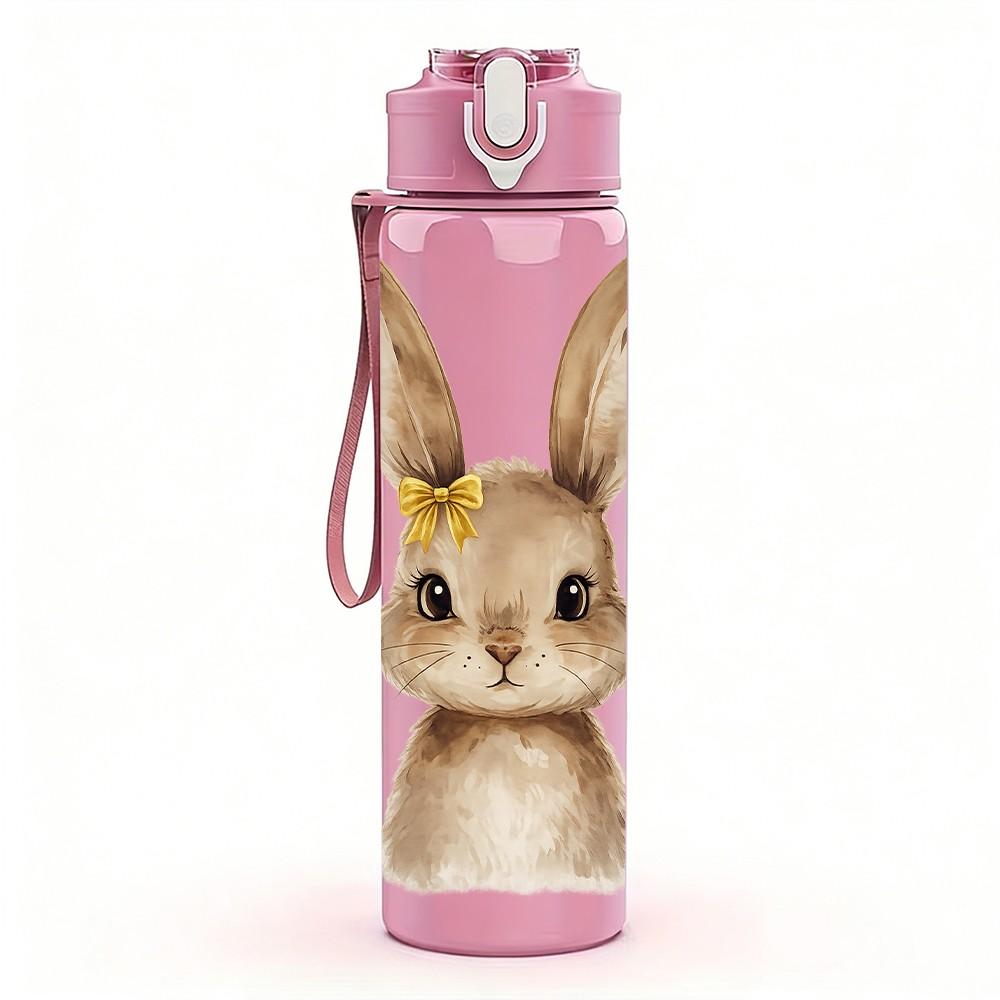1PC Cute Long Ear Bunny Rabbit Portrait Print 750ml Color Plastic Sports Water Bottle Leakproof Flip Straw Lid Suitable for Sports Office Home Use