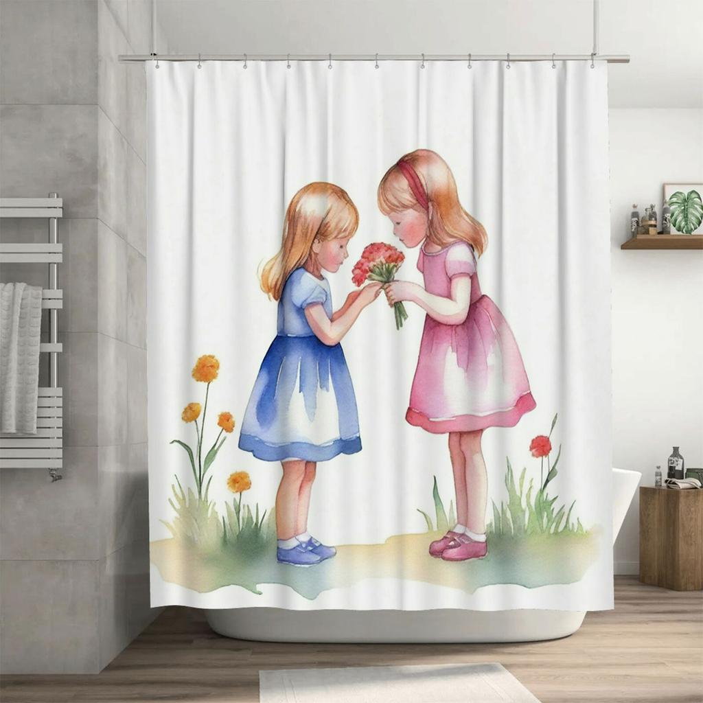 Charming Girls with Flowers Shower Curtain | Watercolor Art Bathroom Decor