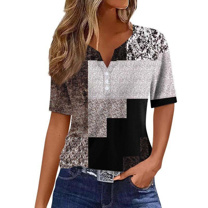 Print Short Sleeve European Style Women Clothing T-Shirt V-Neck