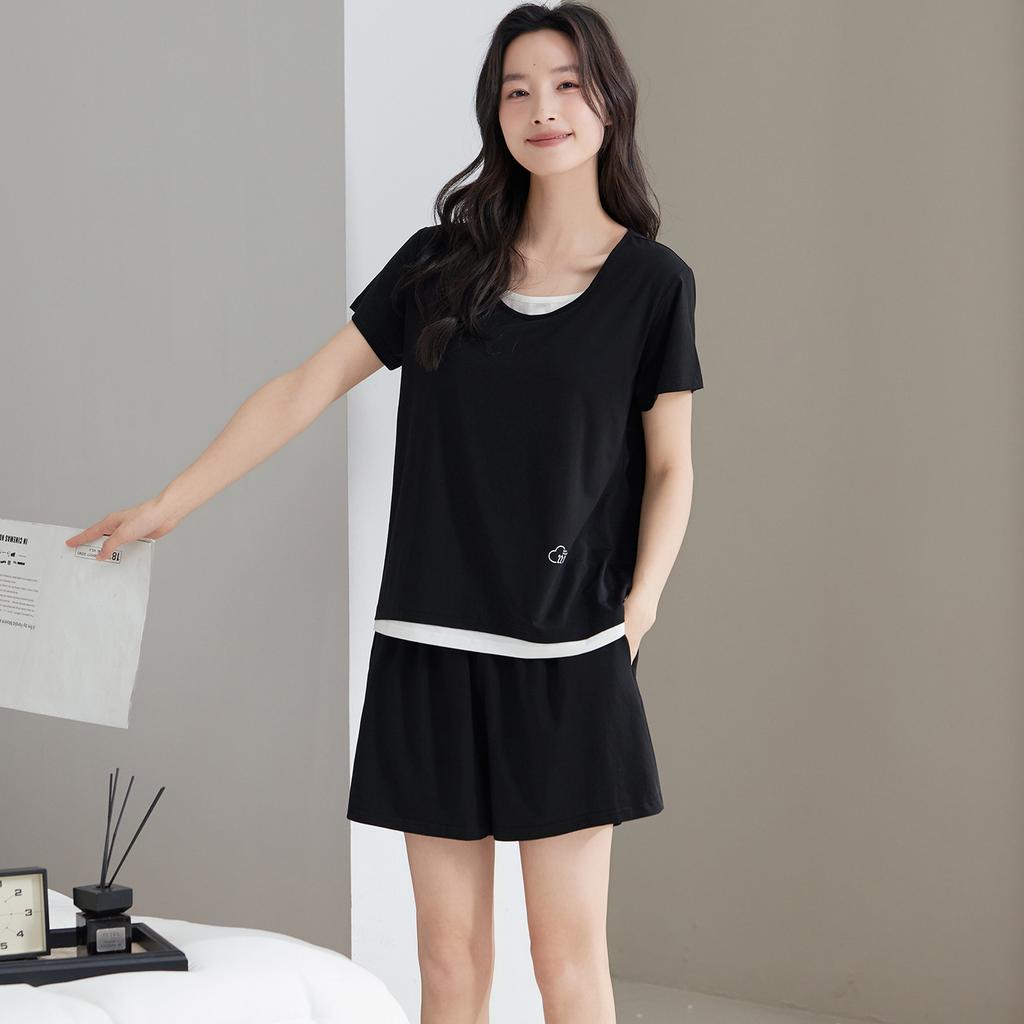 Summer Pajamas for Women: Modal Cotton Short-sleeve Long Pants, Round Neck, Bra Pad, Faux Two-piece High-end Ice Silk Loungewear