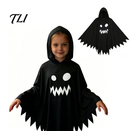 Schwarz-Weiß Geisterumhang Halloween mit Kapuze, Lockerer Schnitt Unregelmäßiger Saum Kostümparty Kleidung für Cosplay Party, Gruseliger Pullover Umhang Kinder Erwachsene