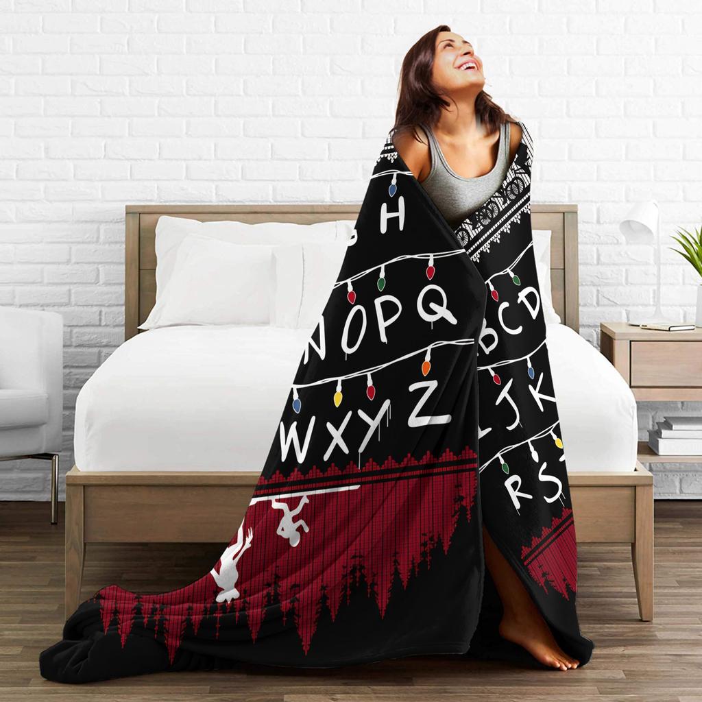 Warm Blanket Picnic Stranger Alphabet Lights Throw Blanket Flannel Bedspread For Home Decor Comfortable Sofa Bed Cover