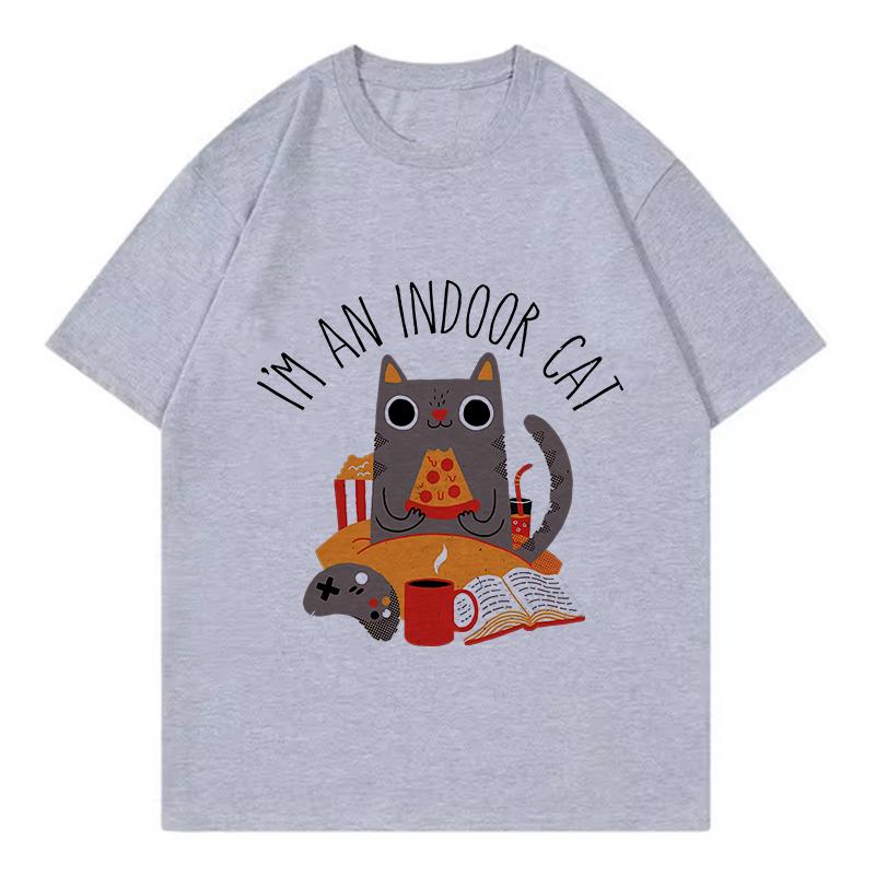 I Am An Indoor Cat Book Design T Shirts Unisex Women Cat T-shirt Round Neck Short Sleeve Trendy Tee Shirt Streetwear Tops