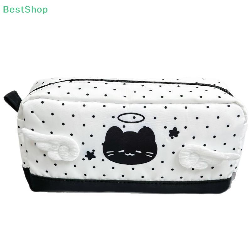 Black Polka-Dot Angel Cat Pencil Case,Large-Capacity Student Stationery Organizer