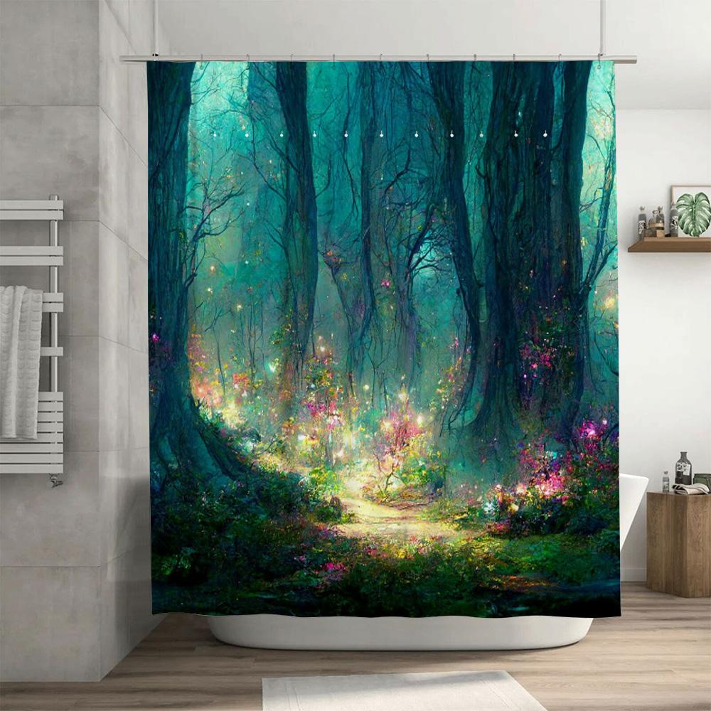 Mystic Forest Shower Curtain Magical Garden Pathway Decorative Bath Mats Greenery Wall Hanging Art For Bathroom (180X175Cm)