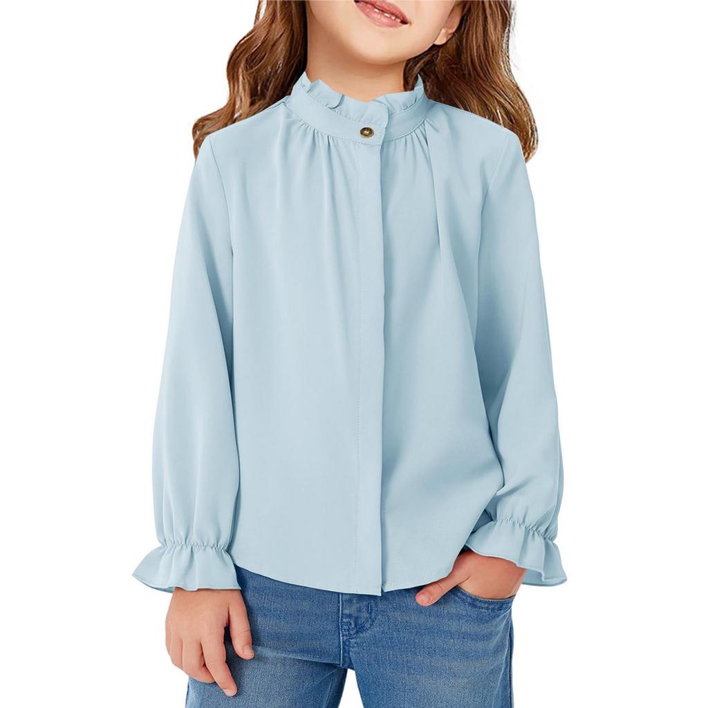 Girls' Ruffled Blouse - Solid Color Stand Collar Shirt