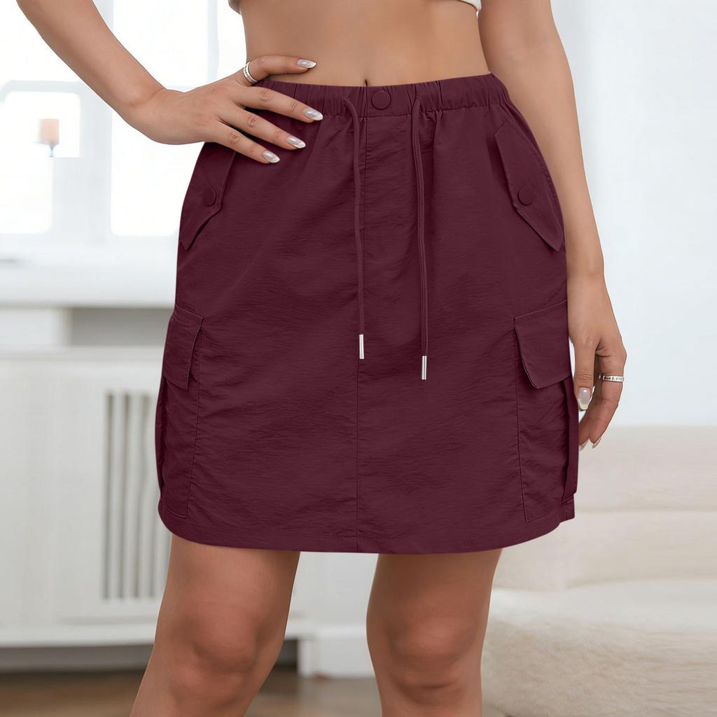 Women's Summer Fashionable Drawstring Elastic Waist Pocket Casual Workwear Skirt