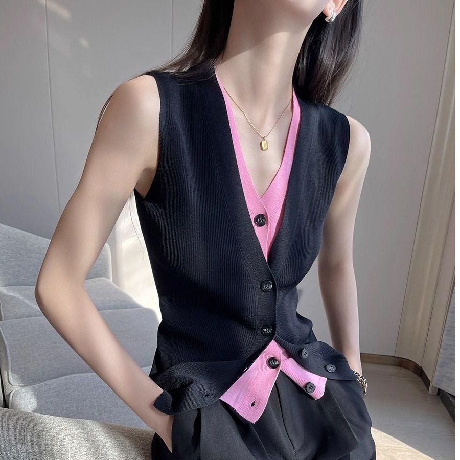 V-neck Sleeveless Contrasting Color Knitted Vest Women's Summer New Retro Fake Two Fashionable Tops