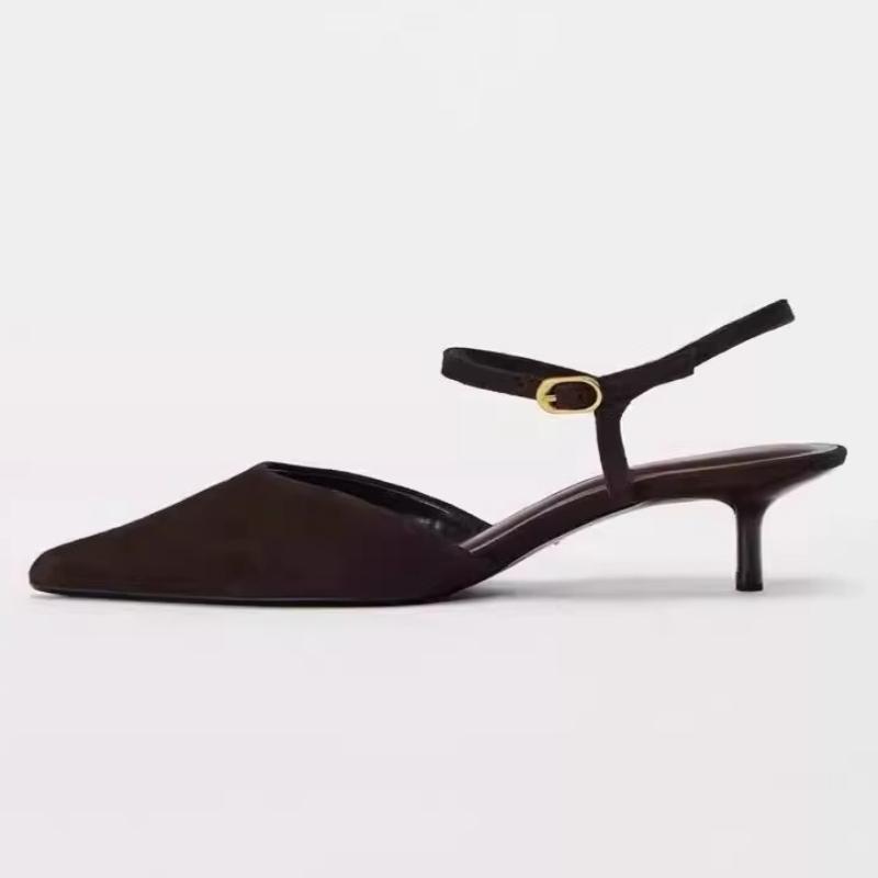 Brown Faux Suede Pointed Toe Pumps for Women Fashion Ankle Strap Kitten Heel Designer Shoes Unique Metal Buckle Slingback Shoes