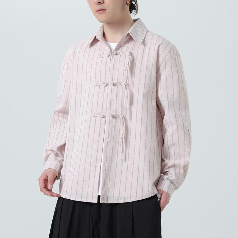 2025 Chinese Style Men Cotton Linen Shirt Spring Men Long Sleeve Frog Button Loose Blouse Tops Male Oversized Striped Shirts