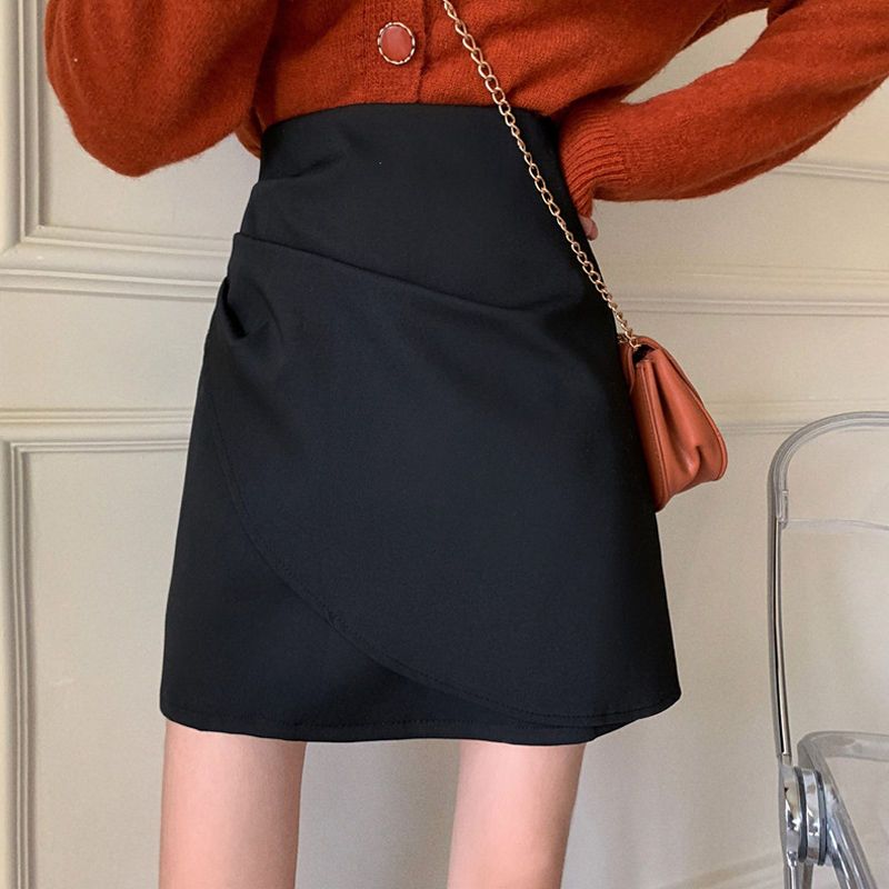Female Clothing Irregular Bag Hip Skirts Spring Autumn High Waist A-Line Basic Solid Color Chic Folds Asymmetrical Mini Skirts