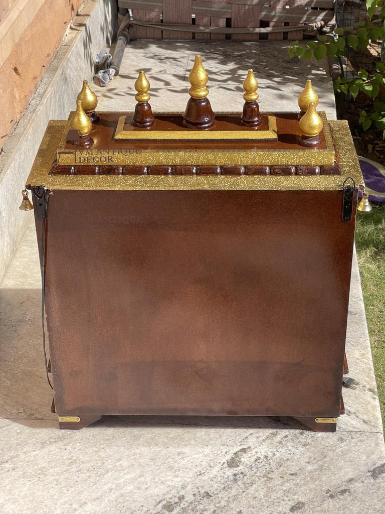 Wooden Temple | Brass Wall Pooja Mandir-Handicraft Pooja Stand Temple with Intricate Bells,Desk Storage Drawers | Home Office Religion Decor