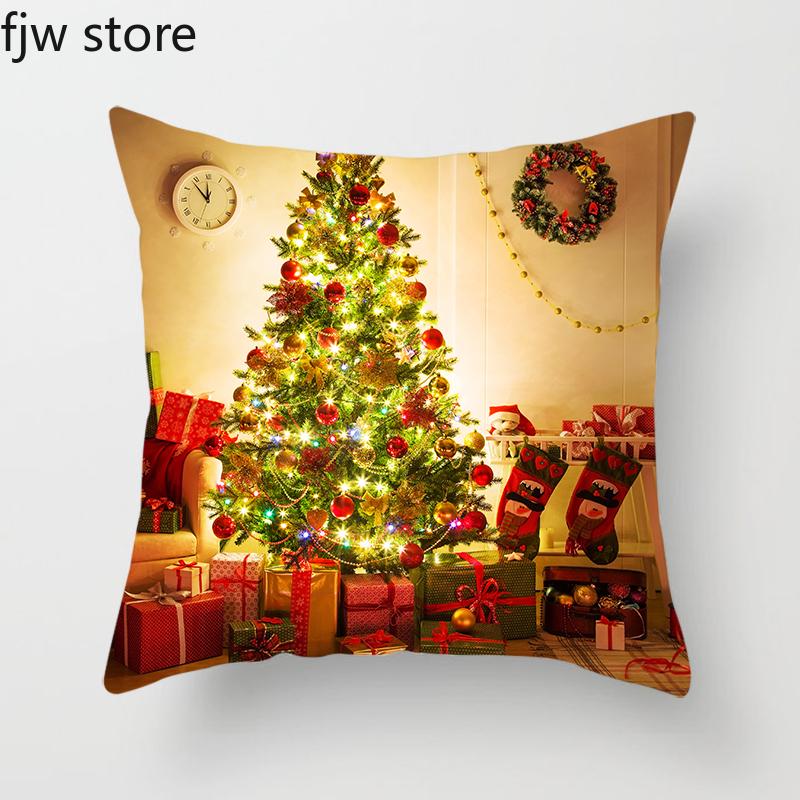 Christmas Decor Pillow Cover  Tree Gift Fireplace Print Throw   New Year Home  Sofa Cushion