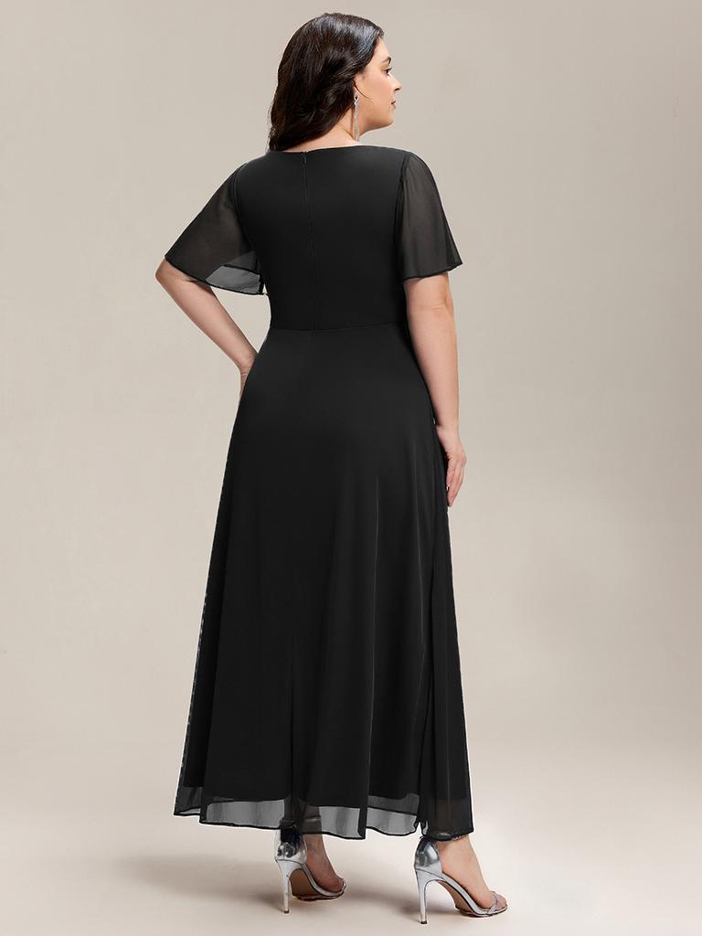 Ever-Pretty Women's Plus Size Formal Dress Short Sleeve Ruffled Deep-V Neck Chiffon Slit Mother of the Bride Dress with Rhinestone-Embellished