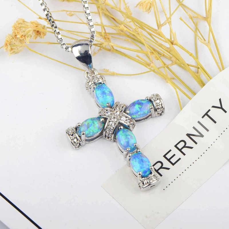 Opal Cross Pendant Necklace Women Copper Chain With White Blue Rose Gold Gemstone 45cm5cm Adjustable Geometric Design