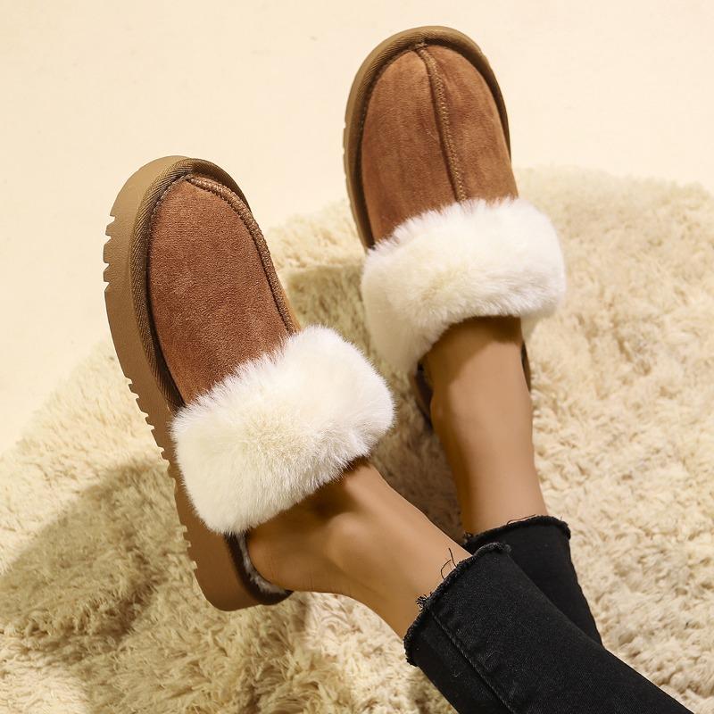 Fashion 2024 Winter Plush Low-top Thick-soled Fur Warm Women's Slippers Flat New Horseshoe Cotton Rubber Roman Toe-cap Slippers Traf
