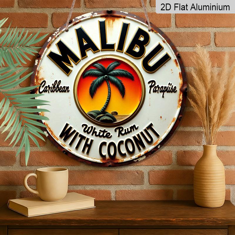 [Segno Rum Tropicale] Piatto 2D, 1 pz Segno da Parete in Metallo Rum & Cocco Tropicale Caraibico - Rotondo Alluminio Durevole Arte da Spiaggia con Palme & Pappagallo per Bar