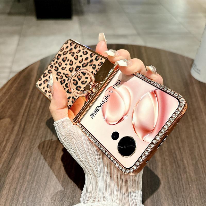 For Honor Magic V Flip 5G Case Leopard Pattern Ring Holder Rhinestone Hard PC Phone Cover