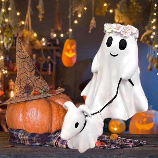 Halloween Ghost Walking Dog Statue Spooky Garland Ghost Walking Puppy Figurine Resin Sculpture Indoor Outdoor Desktop Decoration Ornament