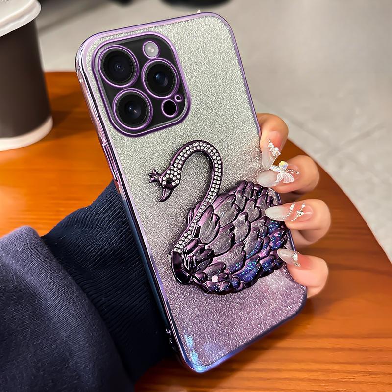 Applicable To IPhone 16 Swan Stand Mobile Case Apple 15 Promax Gradient Glitter 14/13 Advanced Sense