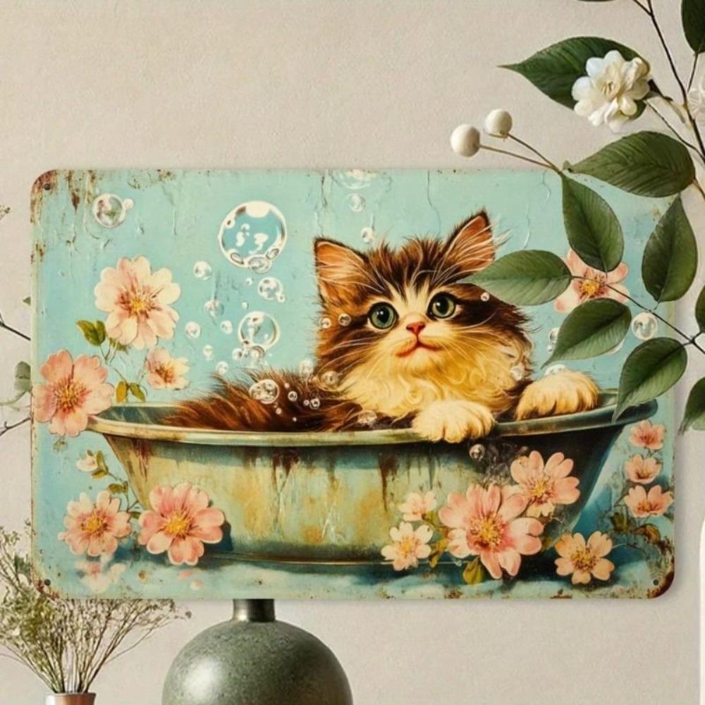 Vintage Metall Blechschild Kätzchen Blumen Wandkunst Retro Katze Poster Badezimmer Dekor