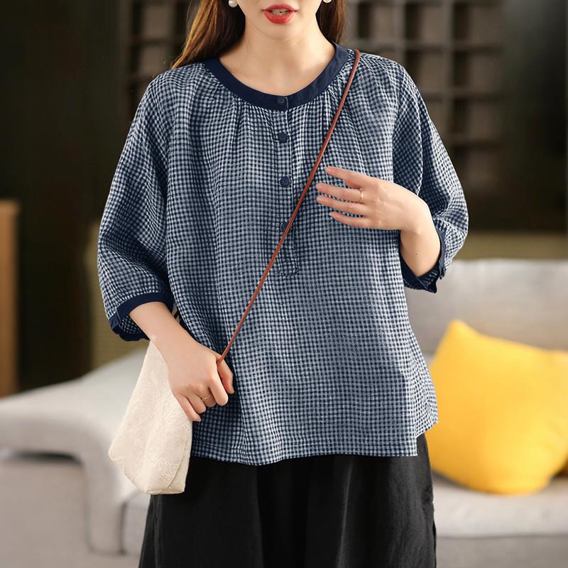 ZANZEA Women Casual Round Neck 3/4 Sleeve Grid Print Loose Blouse