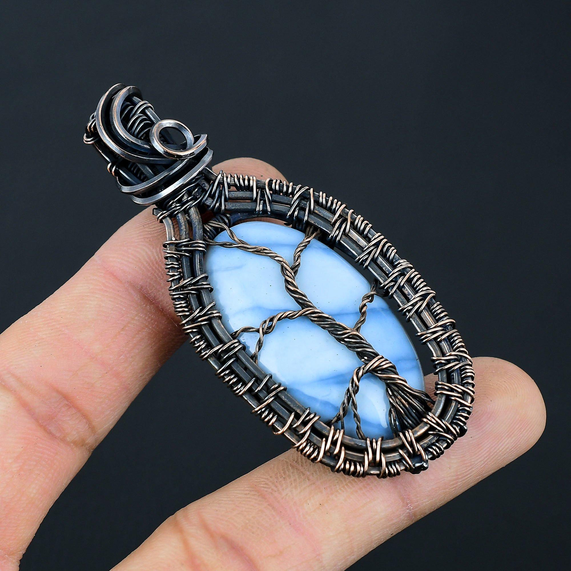 

Древо жизни Owyhee опал драгоценный камень ручной работы из медной проволоки ювелирные изделия прекрасный кулон для женщин 2.95 Inches синий