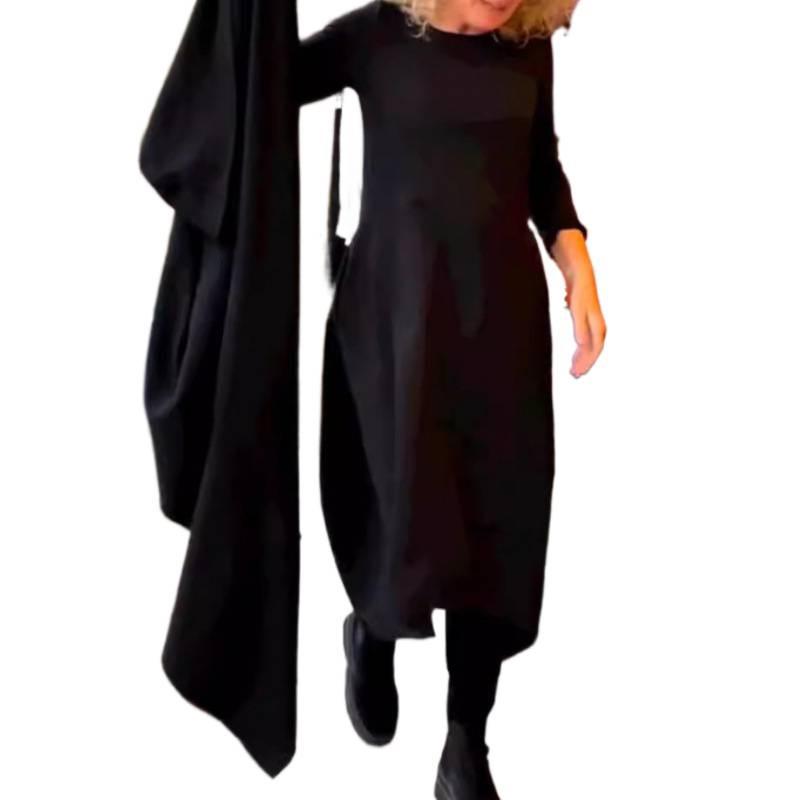 Autumn and winter new European and American versatile solid color round neck long-sleeved dress women's clothing