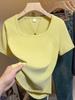 Plus Size French Style Square Neck Women's T-shirt - Tummy Concealing, Slimming Summer Short Sleeve Top