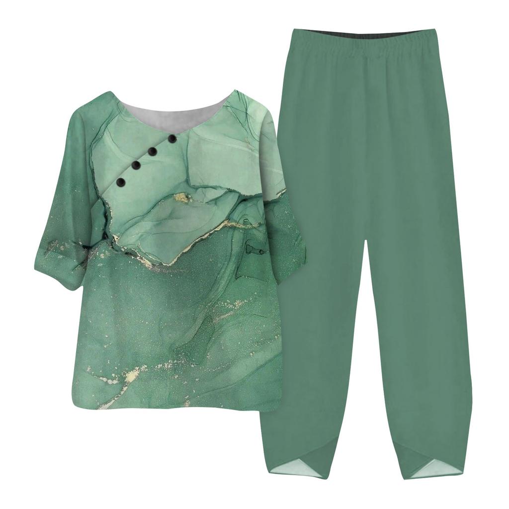 Women's Summer Half Sleeve Printed Tops Elastic Waist Nine Piece Pants Two Piece Set