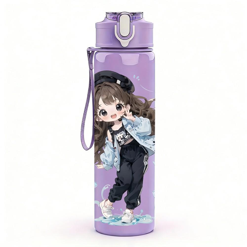 1PC Dark Coat Fashion Girl Character Pattern 750ml Color Plastic Sports Water Bottle Leakproof Flip Straw Lid Suitable for Sports Office Home Use